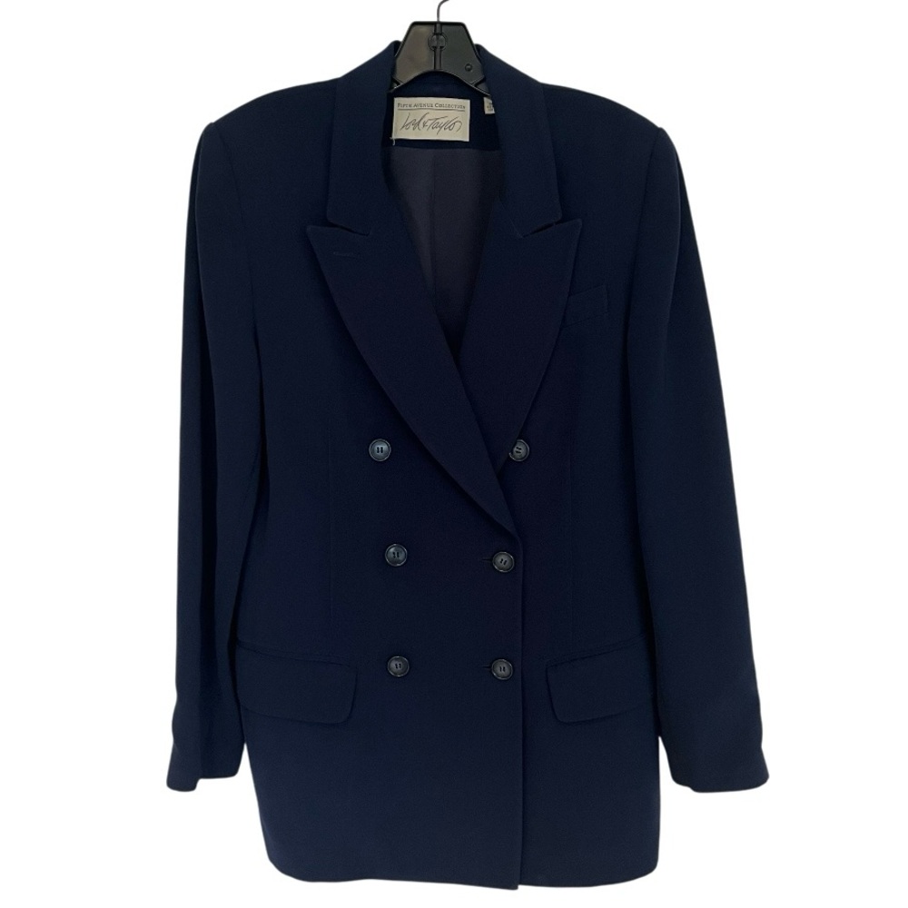 Lord & Taylor Womens 8 Double Breasted Blazer Long Line Navy Blue Fifth Avenue